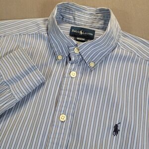 Polo Ralph Lauren Boys Button Down Shirt Medium Blue Striped Cotton Long Sleeve